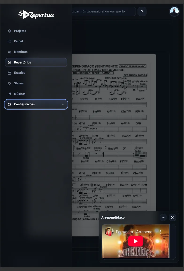 Tela do Repertua no tablet